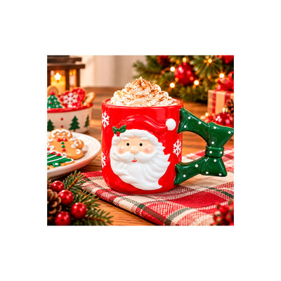 Caneca Natalina Papai Noel de Cerâmica com Alça 3D em Formato de Laço