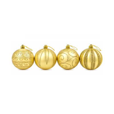 Conjunto de Bolas de Natal Douradas com Detalhes Lines 4 Peças - 8cm