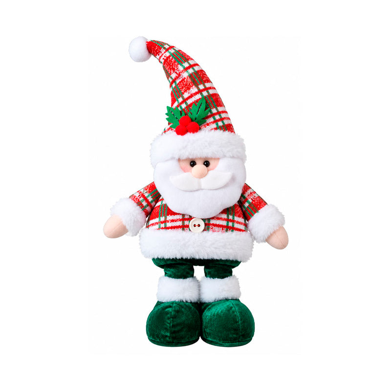 PAPAI NOEL DECORATIVO RETRÁTIL COM ROUPA XADREZ VERDE E VERMELHA 40 A 60CM