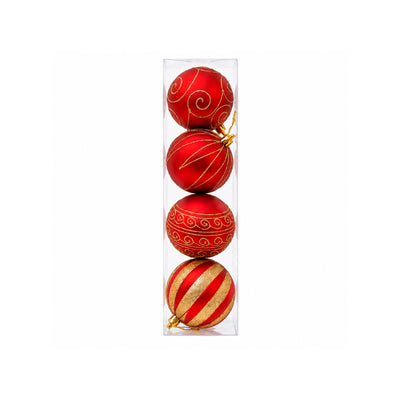 Conjunto de Bolas de Natal Vermelhas com Detalhes Dourados Lines 4 Peças - 10cm