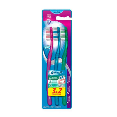Escova de Dente Sorriso Tripla 1 2 3 3unid Promo Leve 3 Pague 2