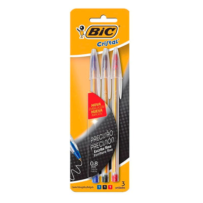 Caneta Bic Cristal Fina Sortida 2, 1 Azul, 1 Preta,1 Vermelha  - Embalagem com 3 Unidades