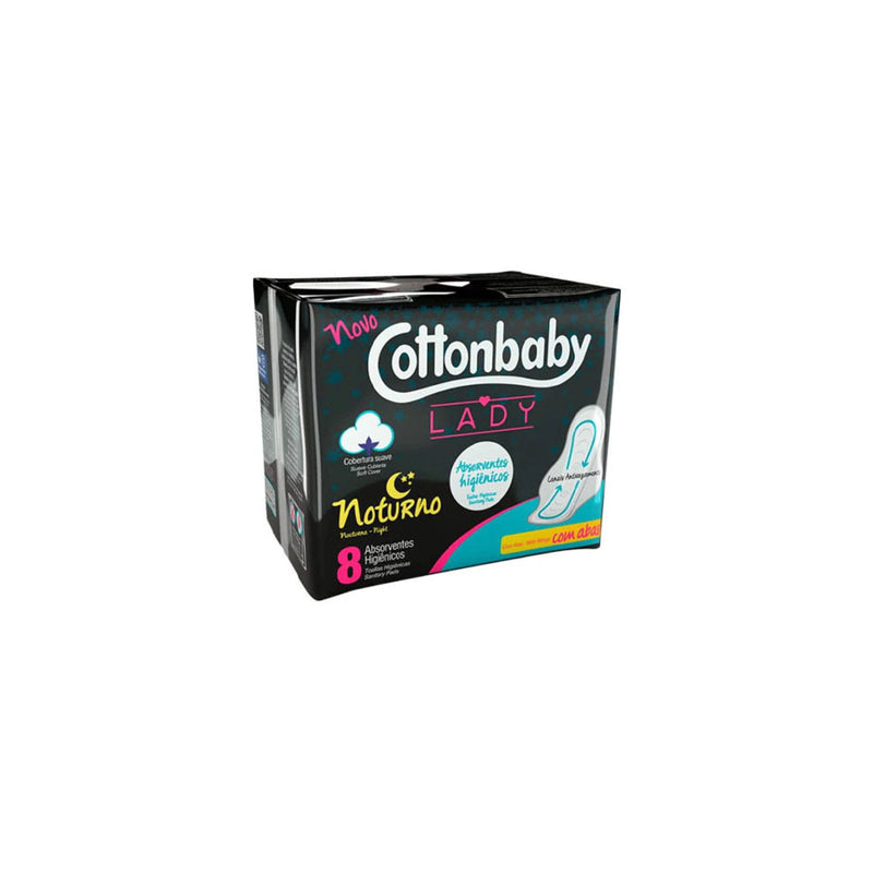 Absorvente Lady Cottonbaby Suave com abas Noturno com 8 unidades.