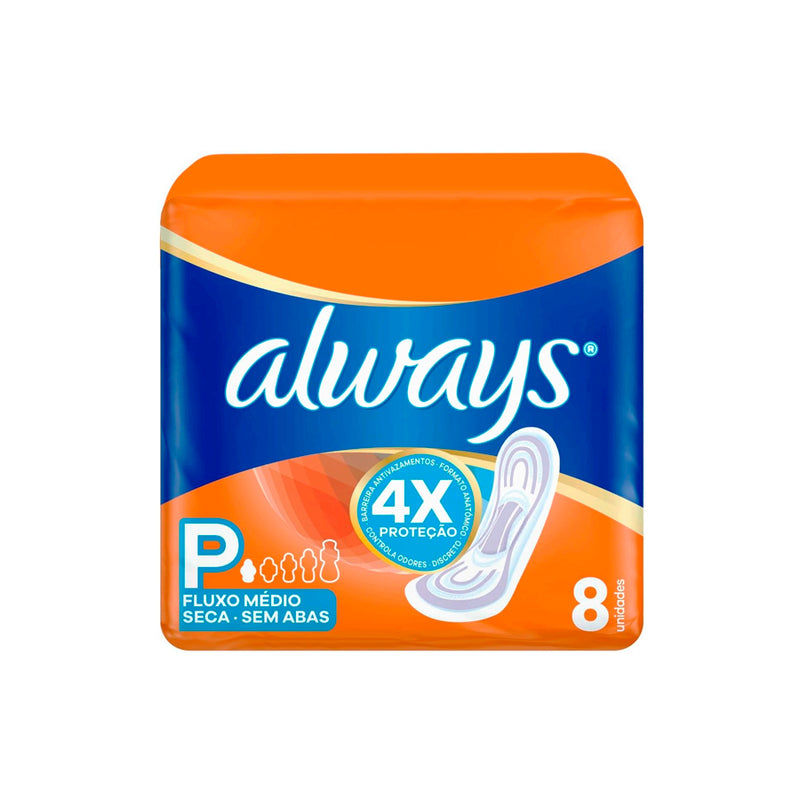 Absorvente Always Seca sem Abas, Tamanho P, 8 Unidades