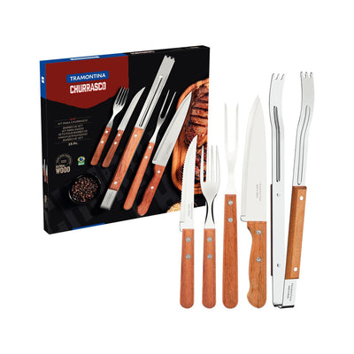 Kit para Churrasco Tramontina com Lâmina em Aço Inox e Cabos de Madeira Natural 15 Peças