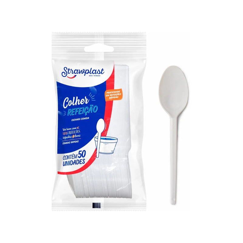 Colher Refeição Descartável Branca 50 Unidades - Strawplast