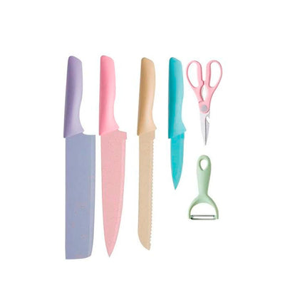 Jogo De Facas E Tesoura Inox Colorido 6 Peças