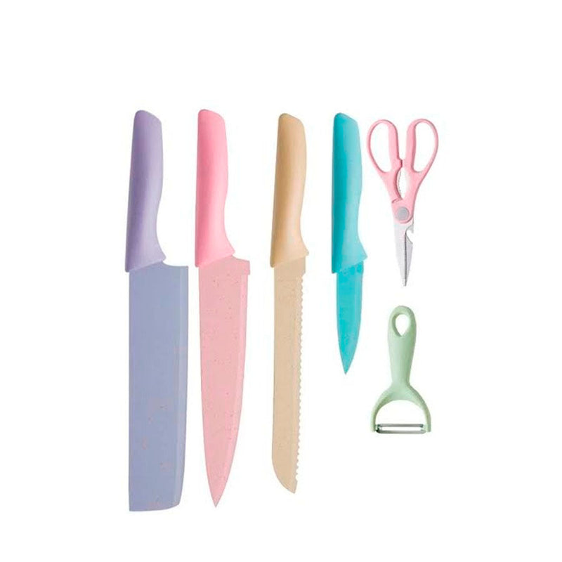 Jogo De Facas E Tesoura Inox Colorido 6 Peças