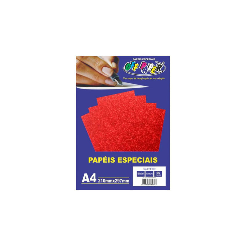 Papel Glitter Vermelho A4 180g 5 folhas Off Paper 10458
