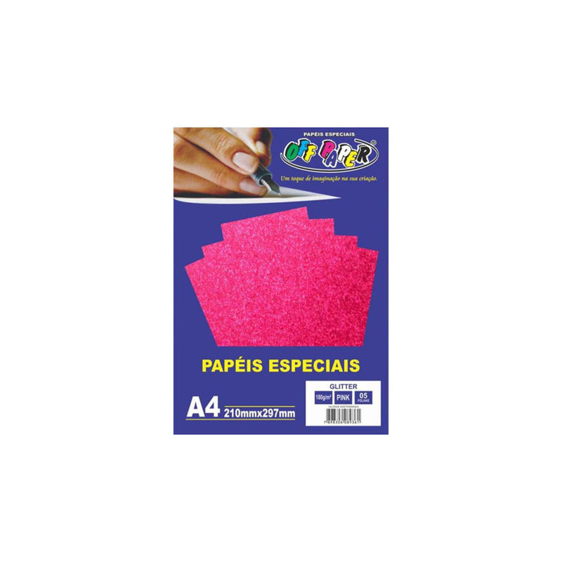 Papel Glitter Pink A4 180g 5 folhas Off Paper 10452