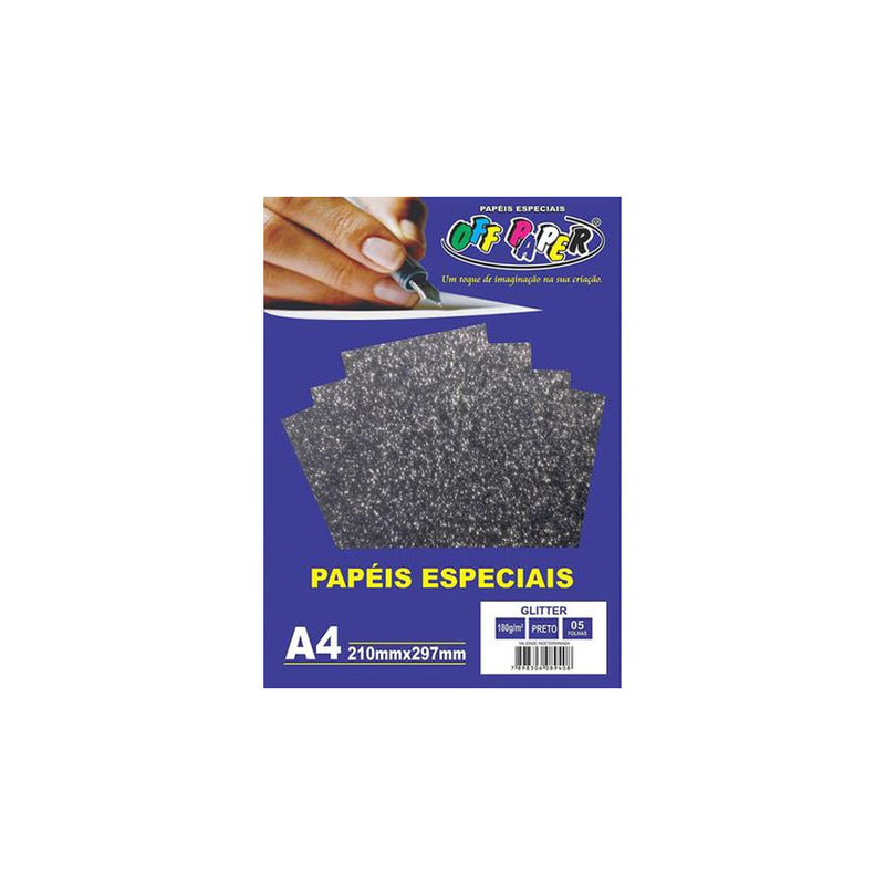 Papel Glitter Preto A4 180g 5 folhas Off Paper - 10456