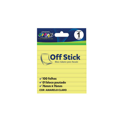 Bloco de Notas Adesivo 76x76mm com 1 Bloco de 100 Folhas Amarelo Pautado - Off Stick - 10504