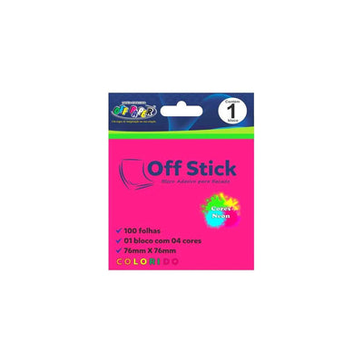 Bloco de Notas Adesivo 76x76mm com 1 Bloco de 100 Folhas 4 Cores Neon - Off Stick- 10471