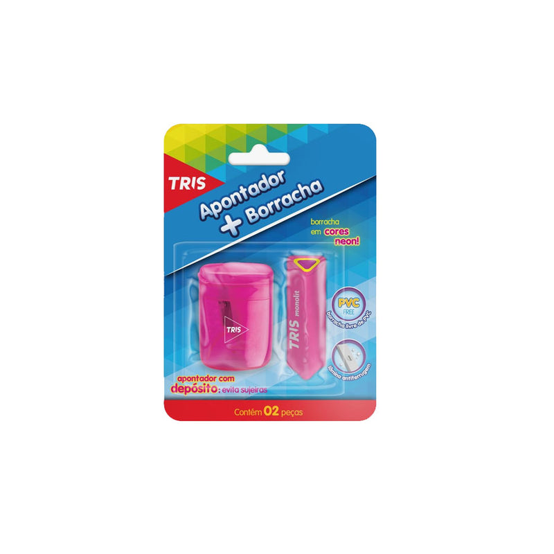 Kit Apontador Com Depósito e Borracha Escolar Tris Trio
