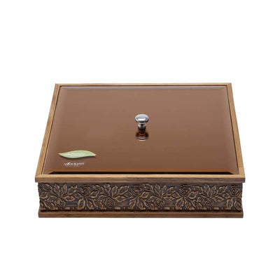 CAIXA MADEIRA ComTAMPA VIDRO BISOTÊ ACOBREADO FLORES 26x26x6cm