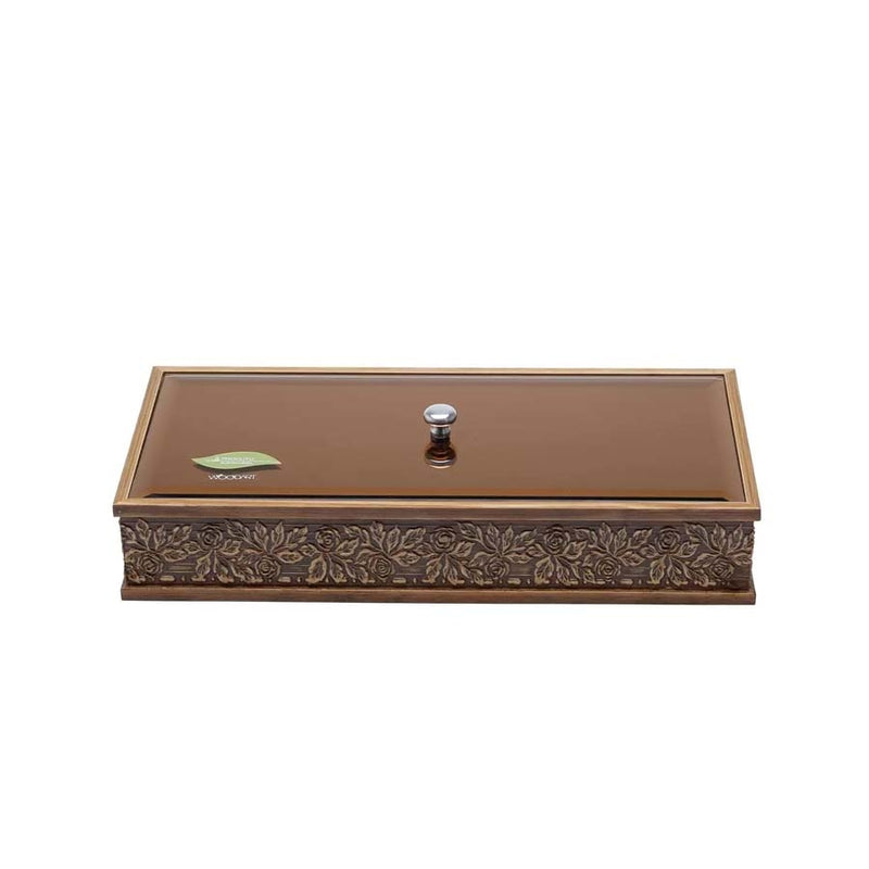CAIXA MADEIRA ComTAMPA VIDRO BISOTÊ ACOBREADO FLORES 34x16x6cm
