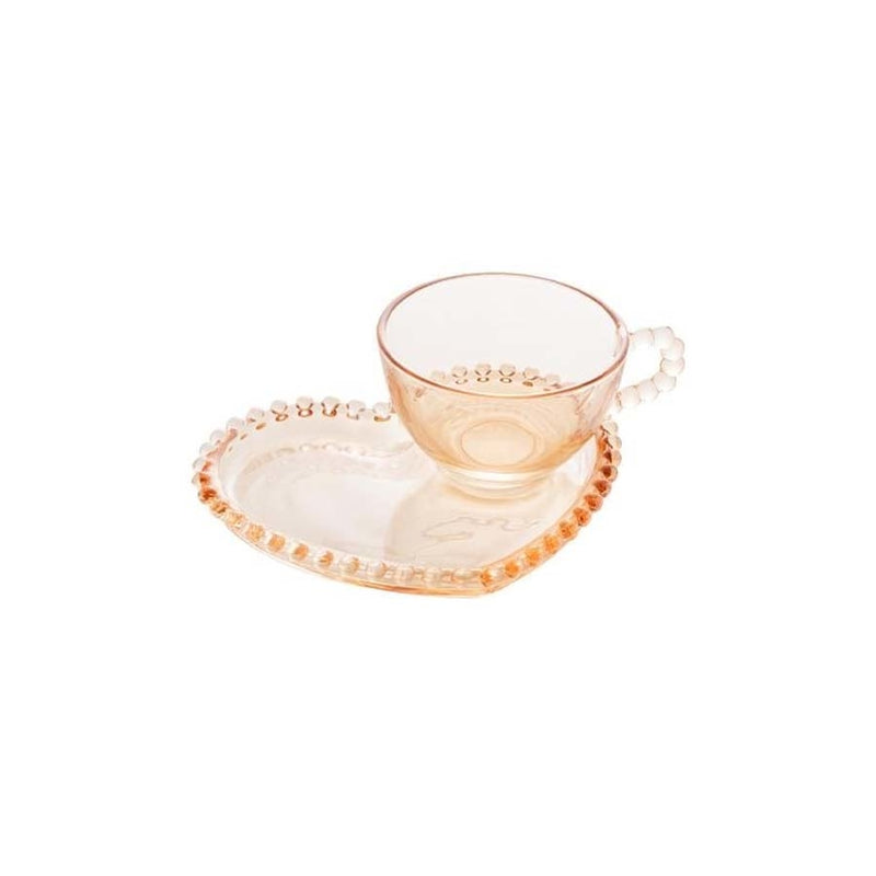 XÍCARA DE CHÁ COM PRATO CRISTAL WOLFF PEARL CORAÇÃO 180ML ÂMBAR