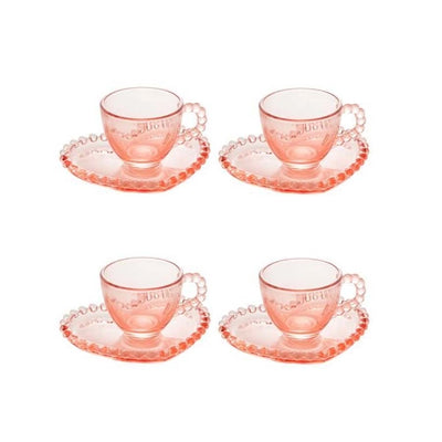 CONJUNTO DE XÍCARAS CAFÉ CRISTAL COM PIRES CORAÇÃO PEARL  ROSA 80ml