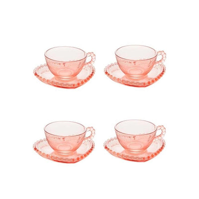 CONJUNTO DE XÍCARAS CAFÉ CRISTAL COM PIRES CORAÇÃO PEARL  ROSA 180ml