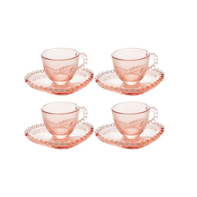 CONJUNTO DE  XÍCARAS CAFÉ CRISTAL COM PIRES CORAÇÃO 4 PEÇAS  PEARL ROSA 85ml