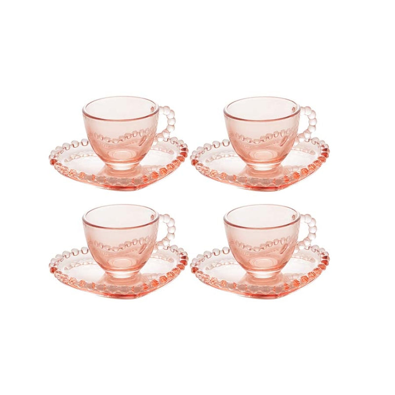 CONJUNTO DE  XÍCARAS CAFÉ CRISTAL COM PIRES CORAÇÃO 4 PEÇAS  PEARL ROSA 85ml