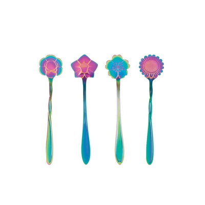 CONJUNTO COM  4 COLHERES em AÇO INOX PARA CHÁ FLORES rainbow