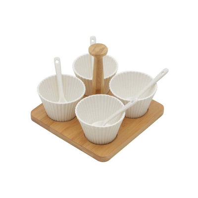 CONJUNTO COM  4 MOLHEIRAS DE PORCELANA COM COLHERES E SUPORTE EM BAMBU 16x16x13cm