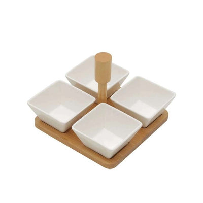 CONJUNTO de PETISQUEIRAS PORCELANA COM SUPORTE BAMBU LEAVES  5 peças 15X15X12CM