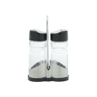 CONJUNTO 2 PEÇAS SALEIRO E PIMENTEIRO VIDRO COM TAMPA PLÁSTICO E SUPORTE DONATELLO 8x4x13cm