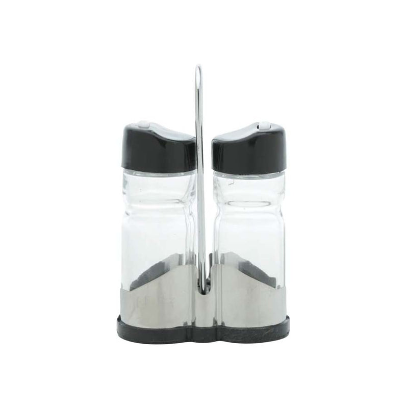 CONJUNTO 2 PEÇAS SALEIRO E PIMENTEIRO VIDRO COM TAMPA PLÁSTICO E SUPORTE DONATELLO 8x4x13cm