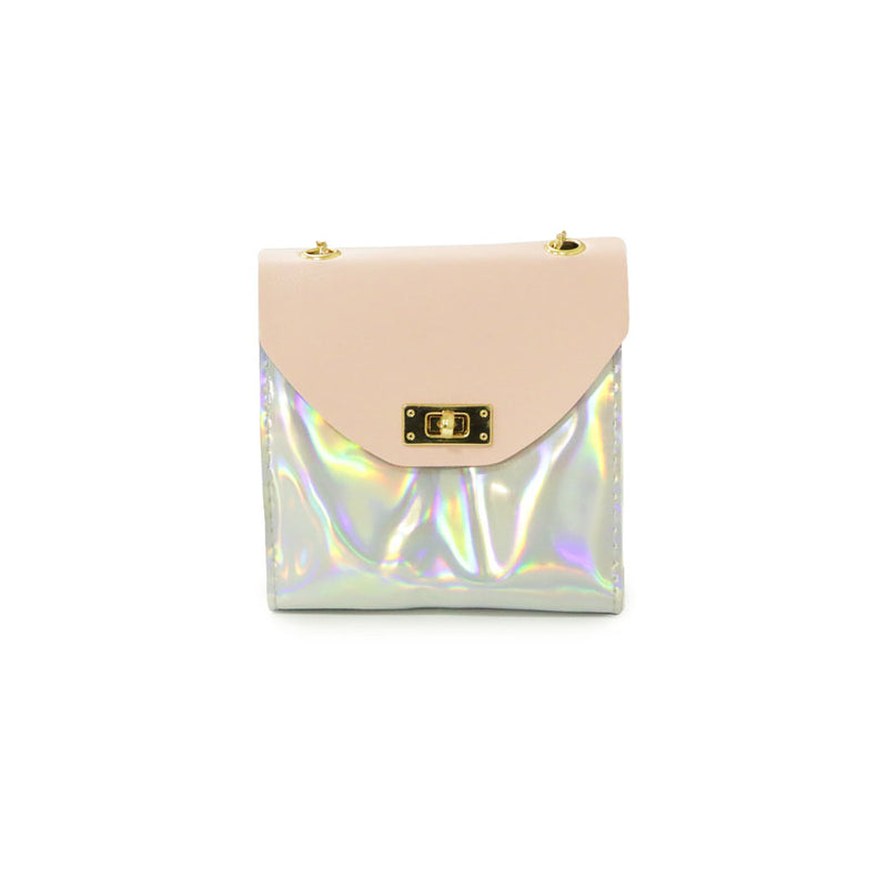 Bolsa Tiracolor Metalizada Rosa Pastel com Correntes Dourada - Pequena