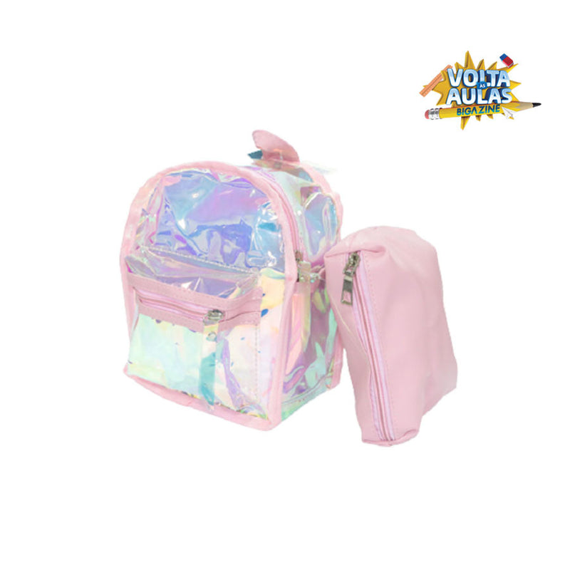Mochila Holográfica + Necessaire Escolar Fashion - Rosa