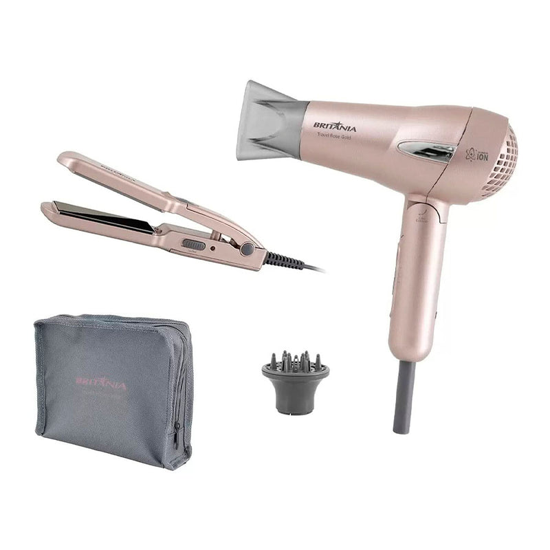 Kit Travel Britânia 1200W com Secador e Prancha Rose Gold - Bivolt