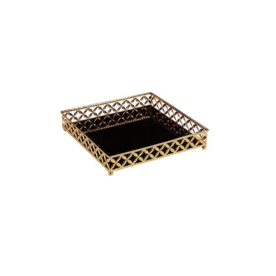 Bandeja Quadrada Dourada em Metal com Espelho Preto 21cm