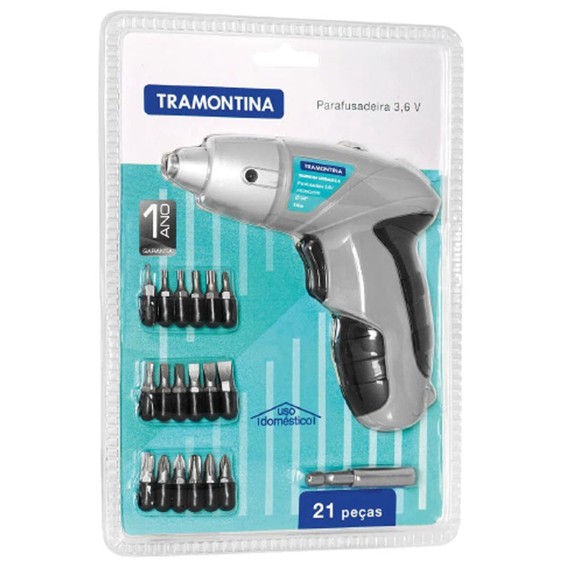 Parafusadeira 1/4 21 Peças Tramontina para Uso Doméstico a Bateria Ni-Cd 3,6 V
