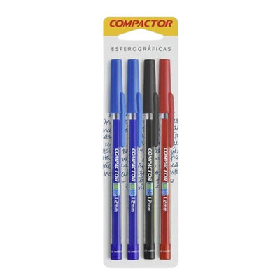 Caneta Esferográfica Compactor 1.2mm 3 Cores com 4 Unidades.