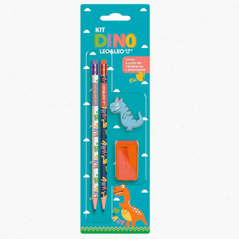 Kit 2 Lápis HB + Borracha + Apontador Dino - Leo & Leo