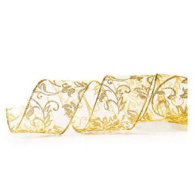 Fita Decorativa natalina Voal Folhas de Ouro 6,3cm - Cromus