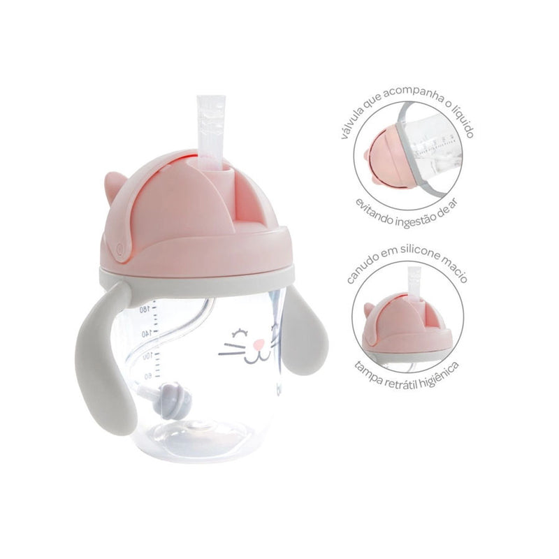 Copo com alça gatinho rosa com canudo -  Buba